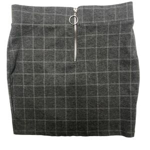 REVAMPED Gray Plaid‎ Check Zipper Detail Soft  Stretchy Knit Mini Skirt L